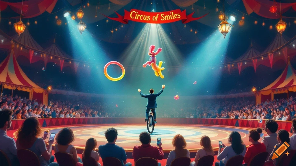 A circus performer on a unicycle juggles balloon figures in a ring under a banner reading 'Circus of Smiles', with an audience watching.