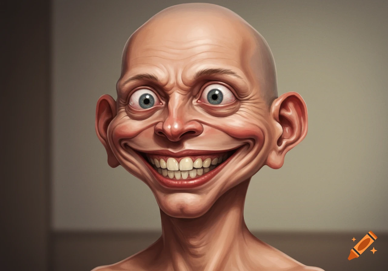 Stylized illustration of a bald man with a huge smile and bulging eyes.
