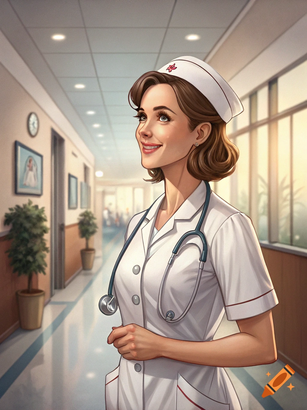Illustration of a smiling nurse with a stethoscope standing in a hospital hallway.