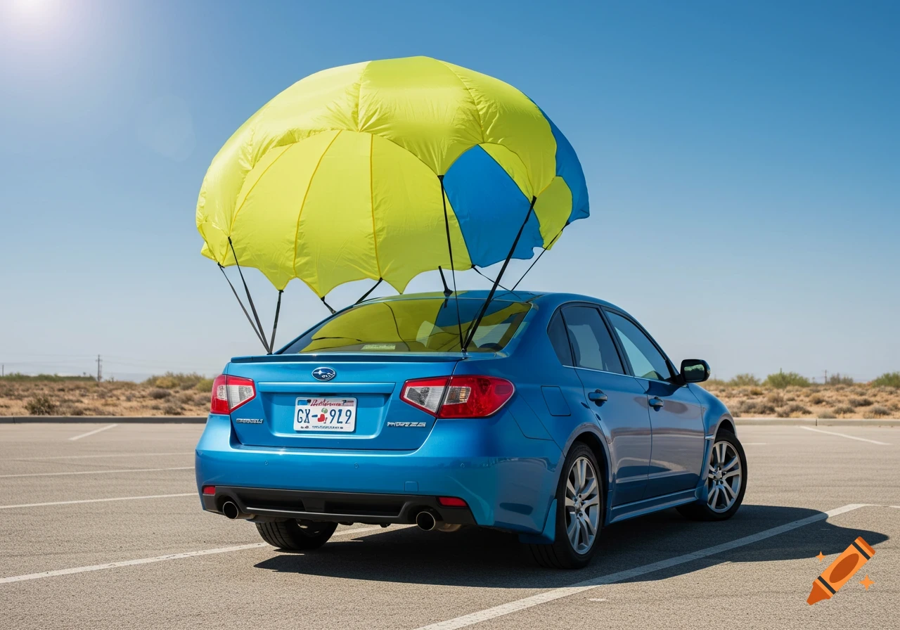 Rear view of a blue Subaru sedan with a large yellow and blue parachute attached in a parking lot under a clear sky.