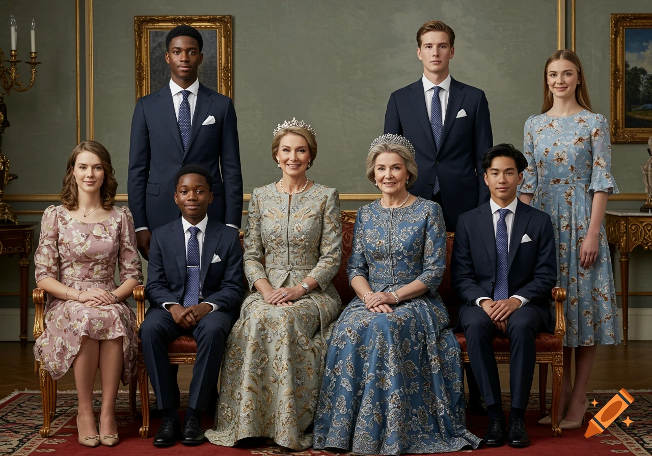 Formal group portrait of a family in a room.