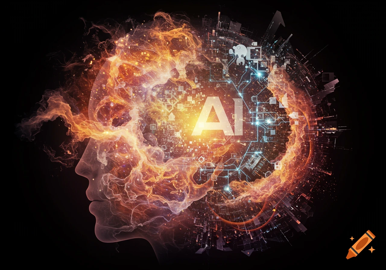Silhouette of a human head blending into a network of circuits and abstract energy with the text 'AI'.