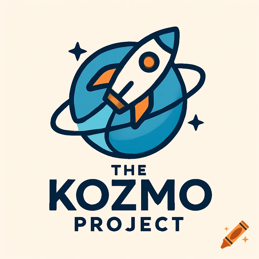 A vector logo of a rocket orbiting a blue planet with stars, above the text "THE KOZMO PROJECT".