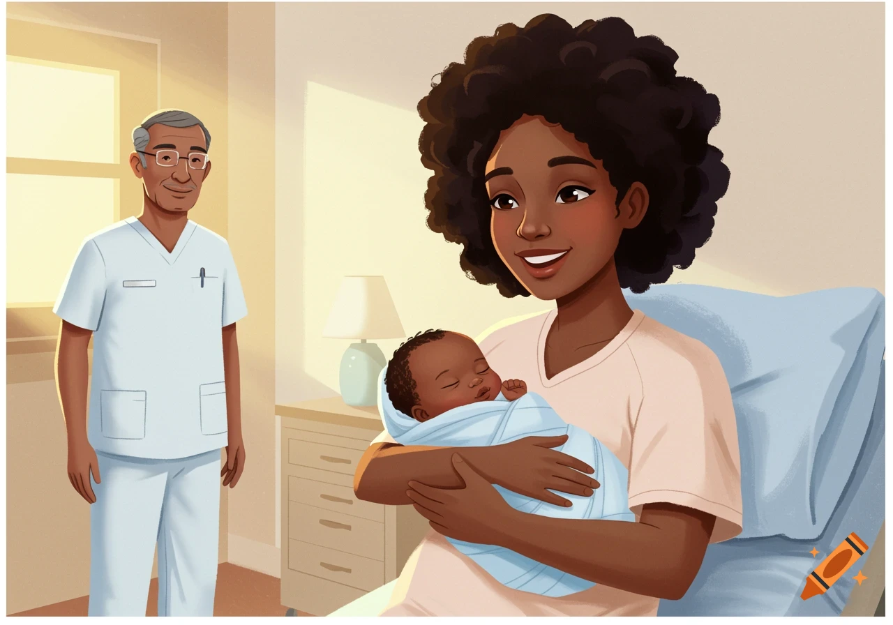 Cartoon of a Black mother holding her newborn baby in a hospital bed with a nurse nearby.