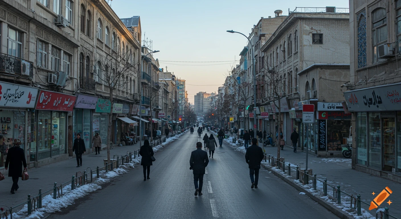 A wide view of a busy street in Tehran, Iran, during winter, with people walking among shops and buildings.