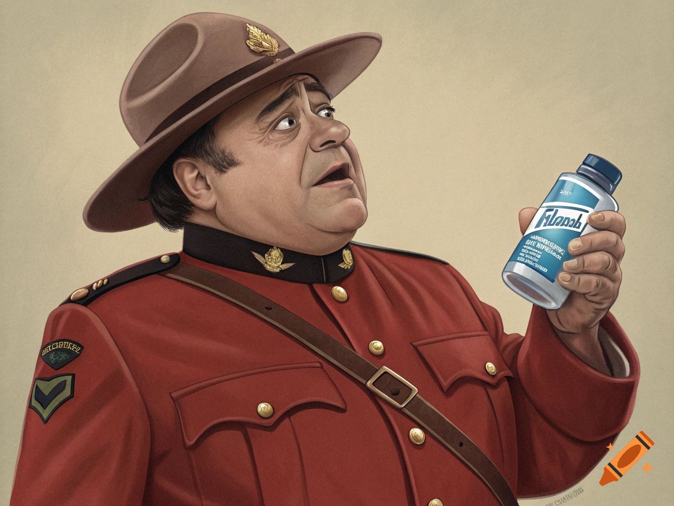 Caricature of Danny DeVito as a Mountie holding a bottle.