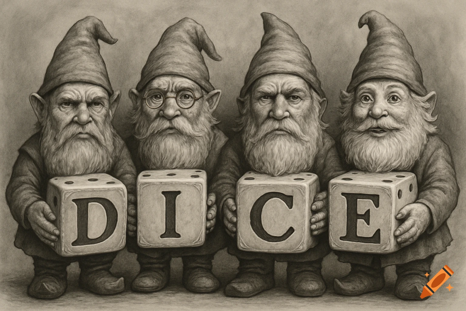 Detailed black and white drawing of four gnomes holding dice spelling D I C E.