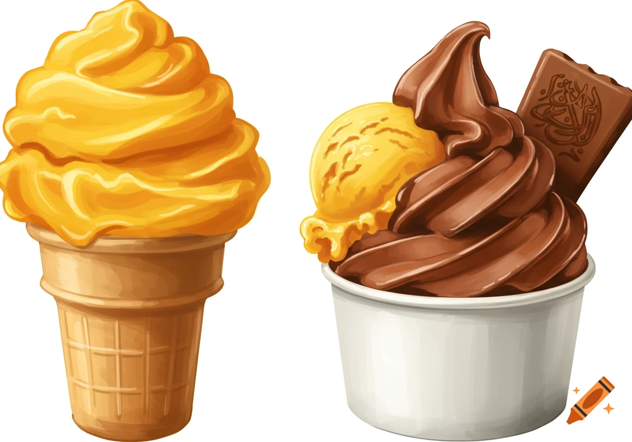 Illustration of mango soft serve ice cream in a cone and chocolate and mango soft serve in a cup with a chocolate piece