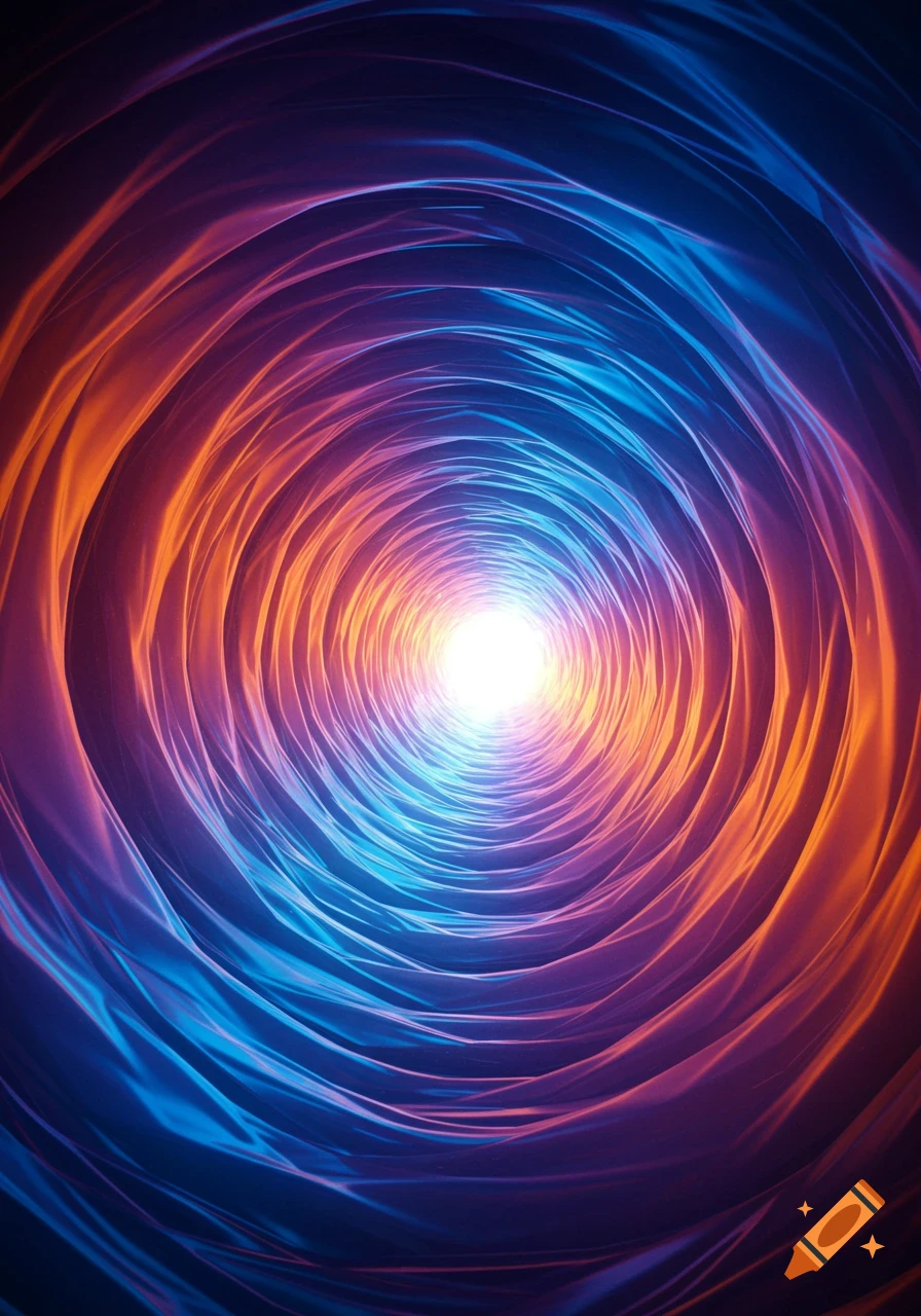 Abstract vortex of swirling orange, purple, and blue light