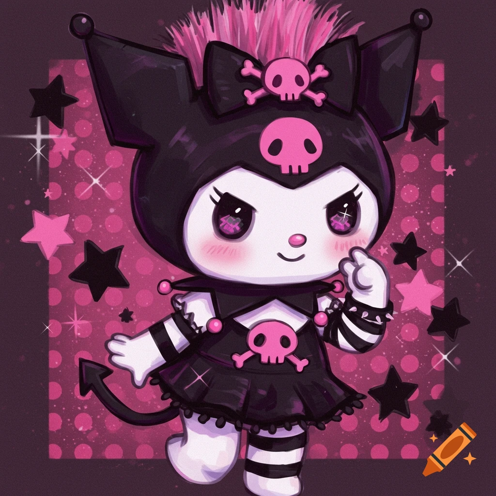 Kuromi cartoon character in a black dress with skulls and pink hair, surrounded by stars and dots.
