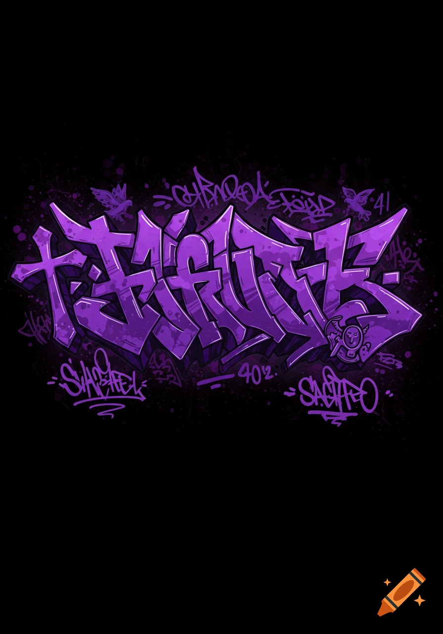 Purple Christian-themed graffiti art on a black background.