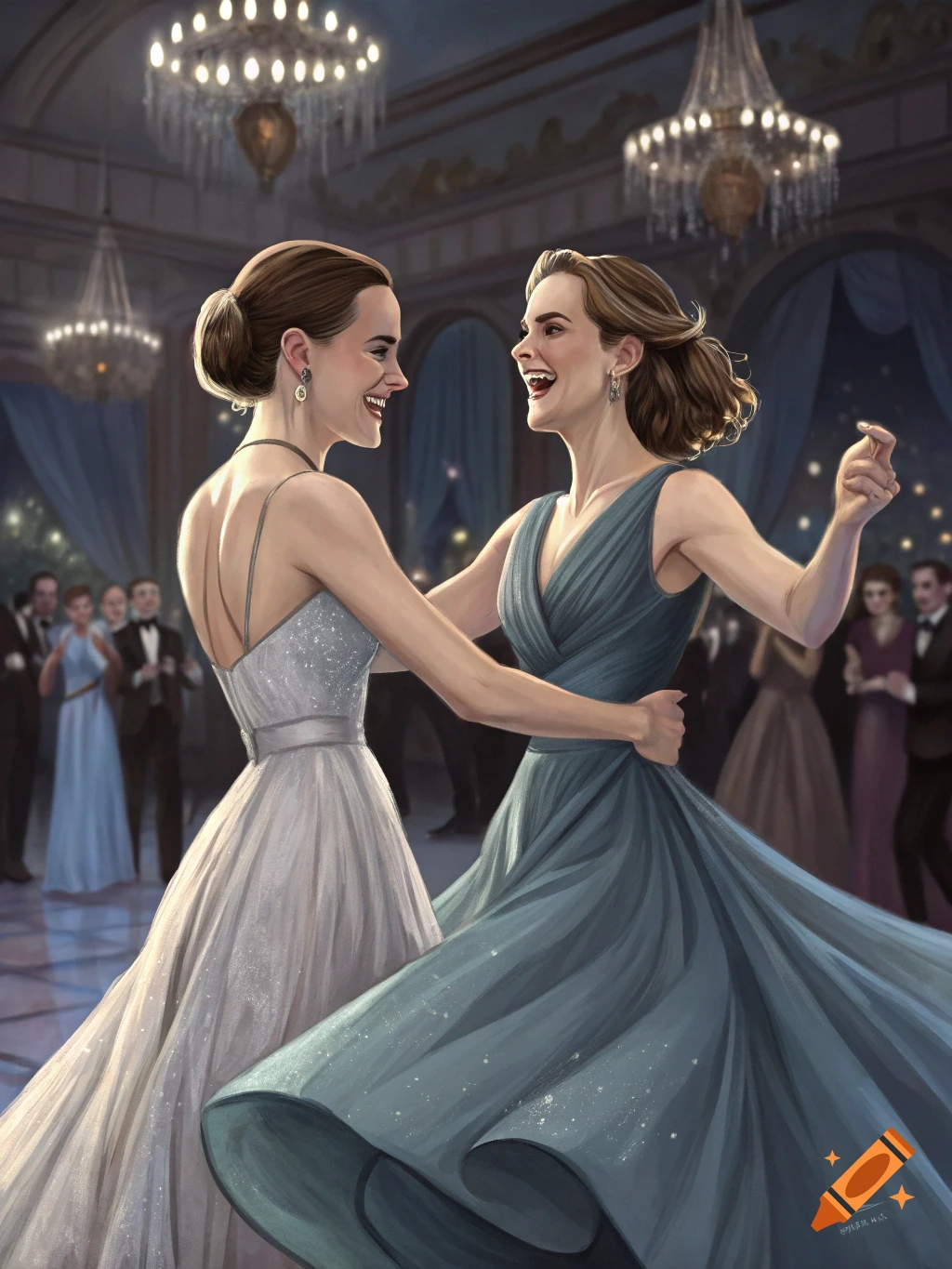 Two women in elegant dresses dance together in a grand ballroom. One wears silver, the other teal.