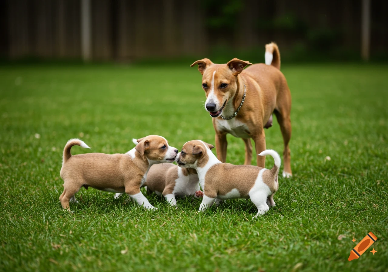 A rat terrier mother dog stands over three puppies playing on green grass.
