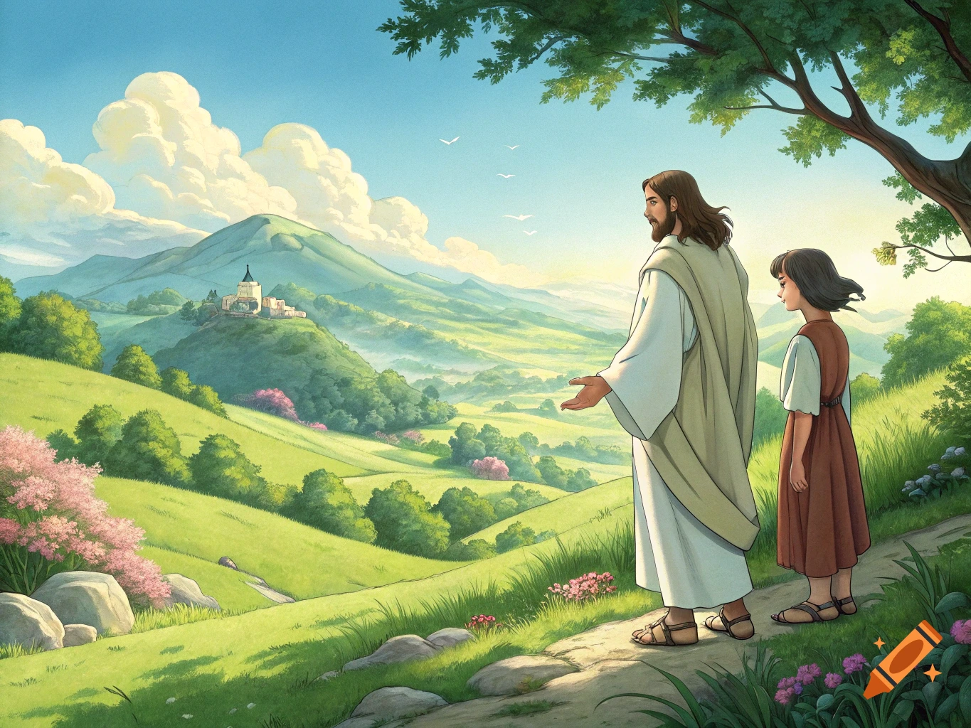 Jesus and a girl overlook a peaceful valley with a castle in Studio Ghibli style.