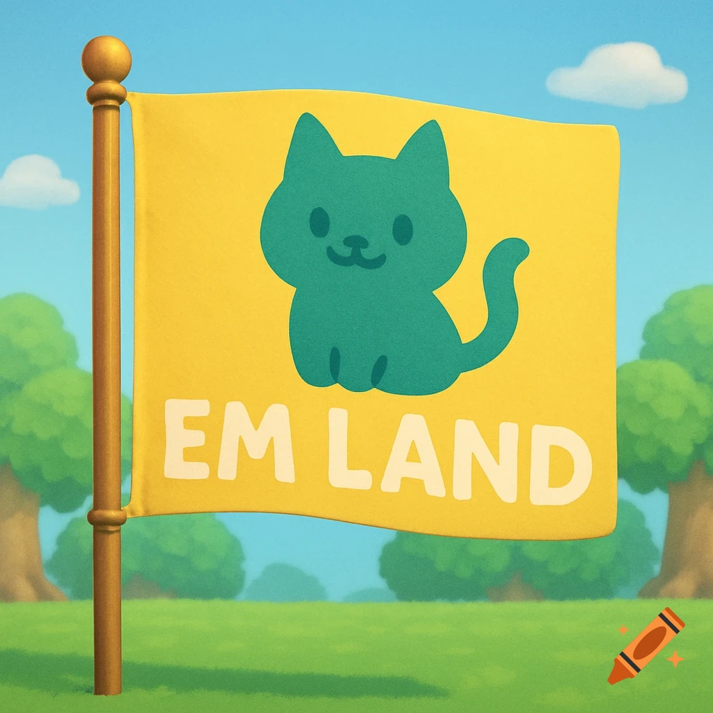 A yellow flag with a teal cartoon cat and the text 'EM LAND' flying in a grassy field.