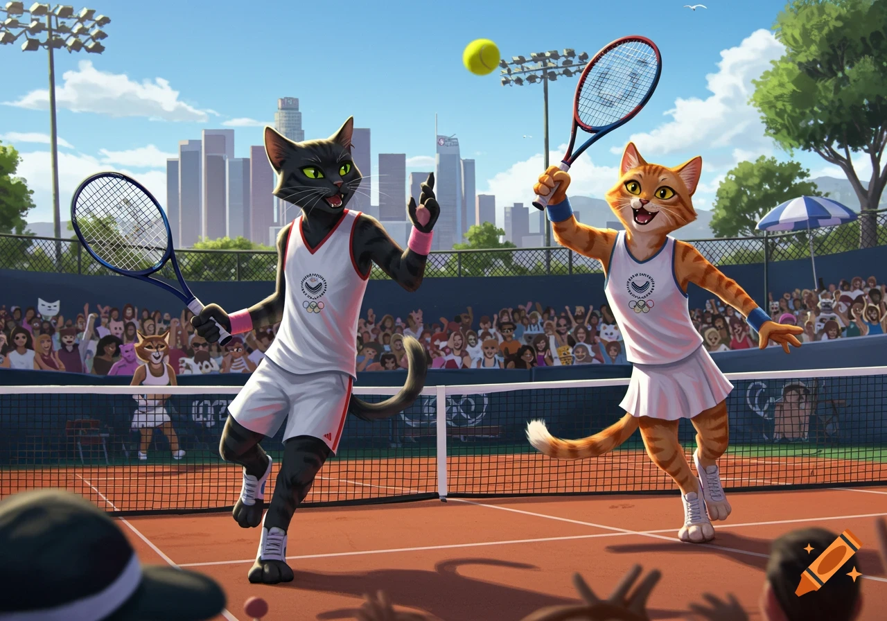 Two anthropomorphic cats play tennis with a Los Angeles skyline background.