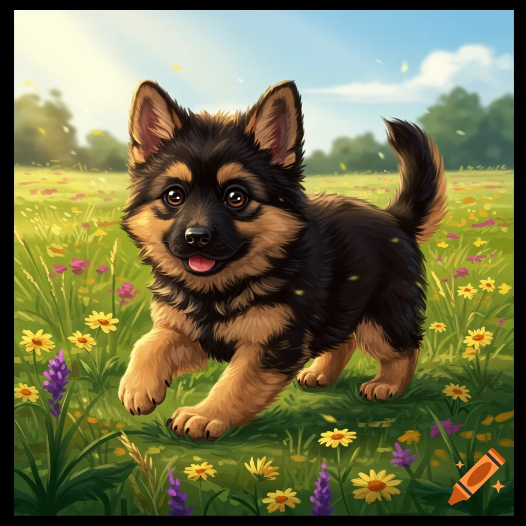 Cute German Shepherd puppy running in a field of flowers.