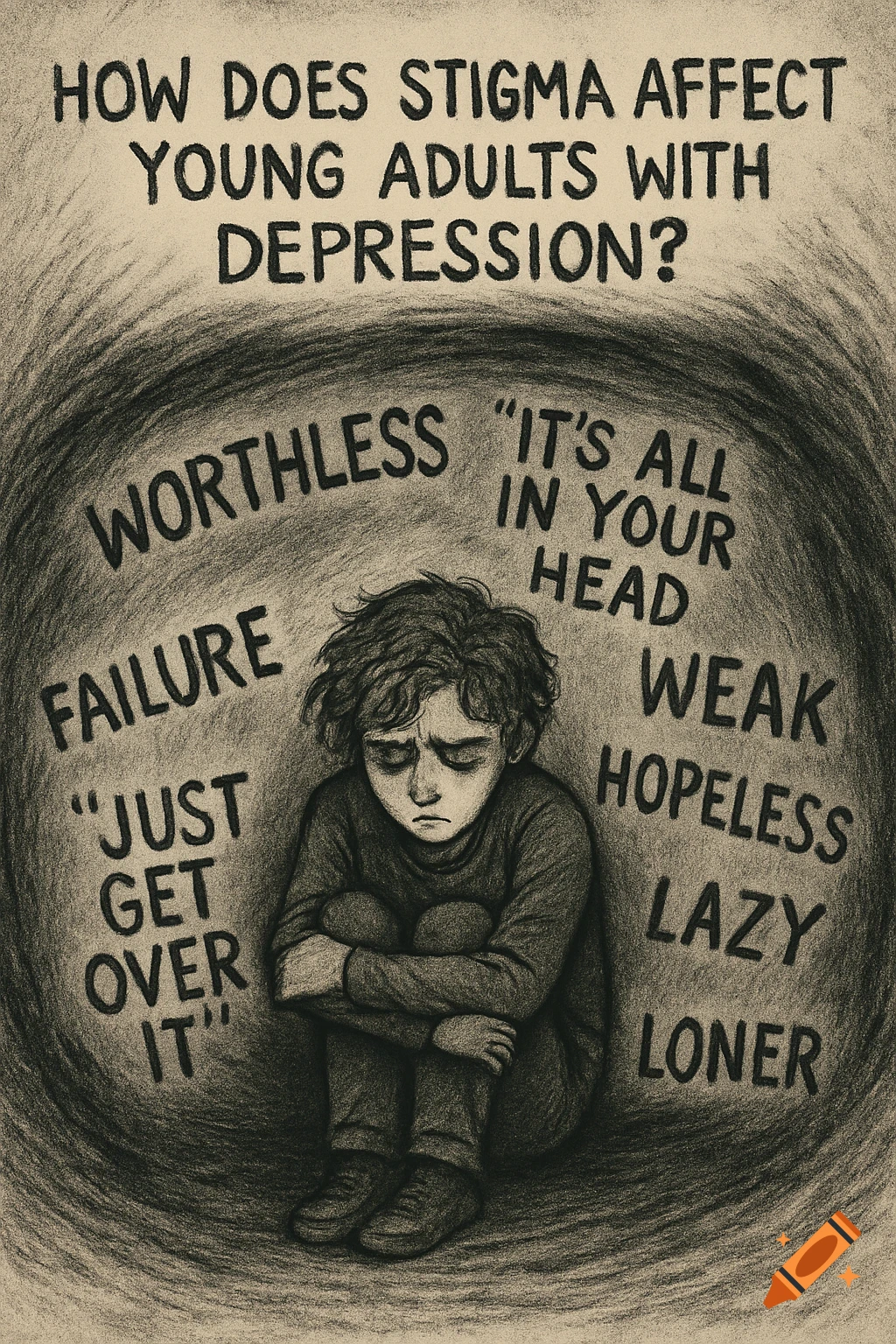Charcoal drawing of a person huddled, surrounded by negative words like "worthless" and "failure" in a dark swirling background. Text at top reads "HOW DOES STIGMA AFFECT YOUNG ADULTS WITH DEPRESSION?".