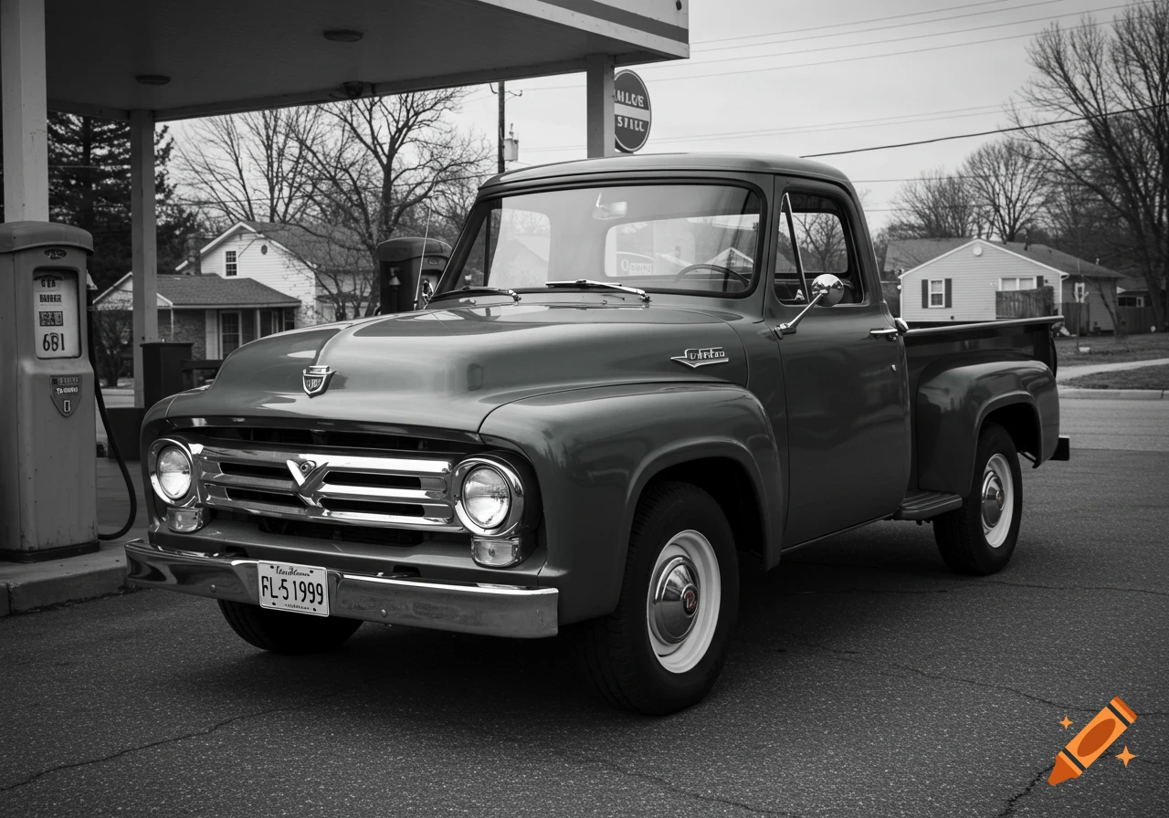 Black and white photo of a vintage pickup truck at a gas station