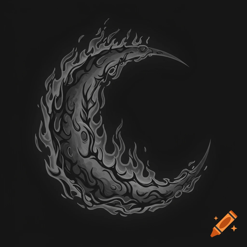 Stylized grayscale crescent moon made of flames on a black background.