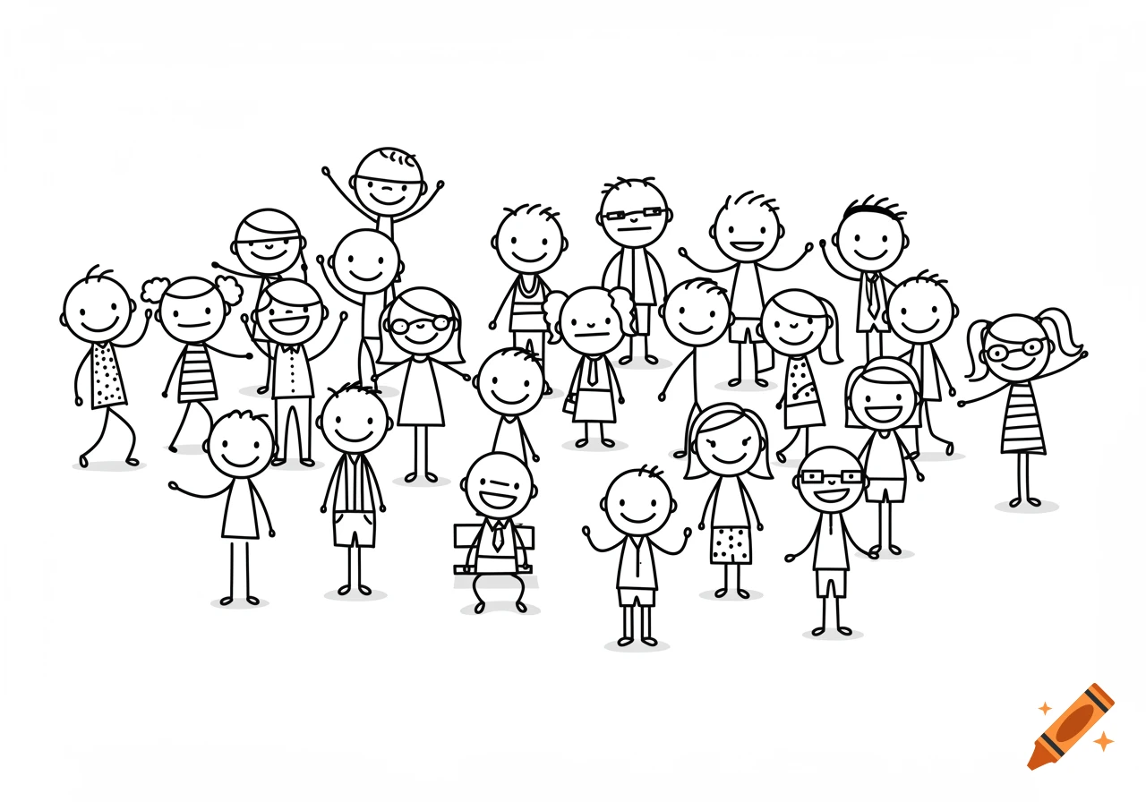 Black and white line drawing of a large group of smiling stick figure people waving.