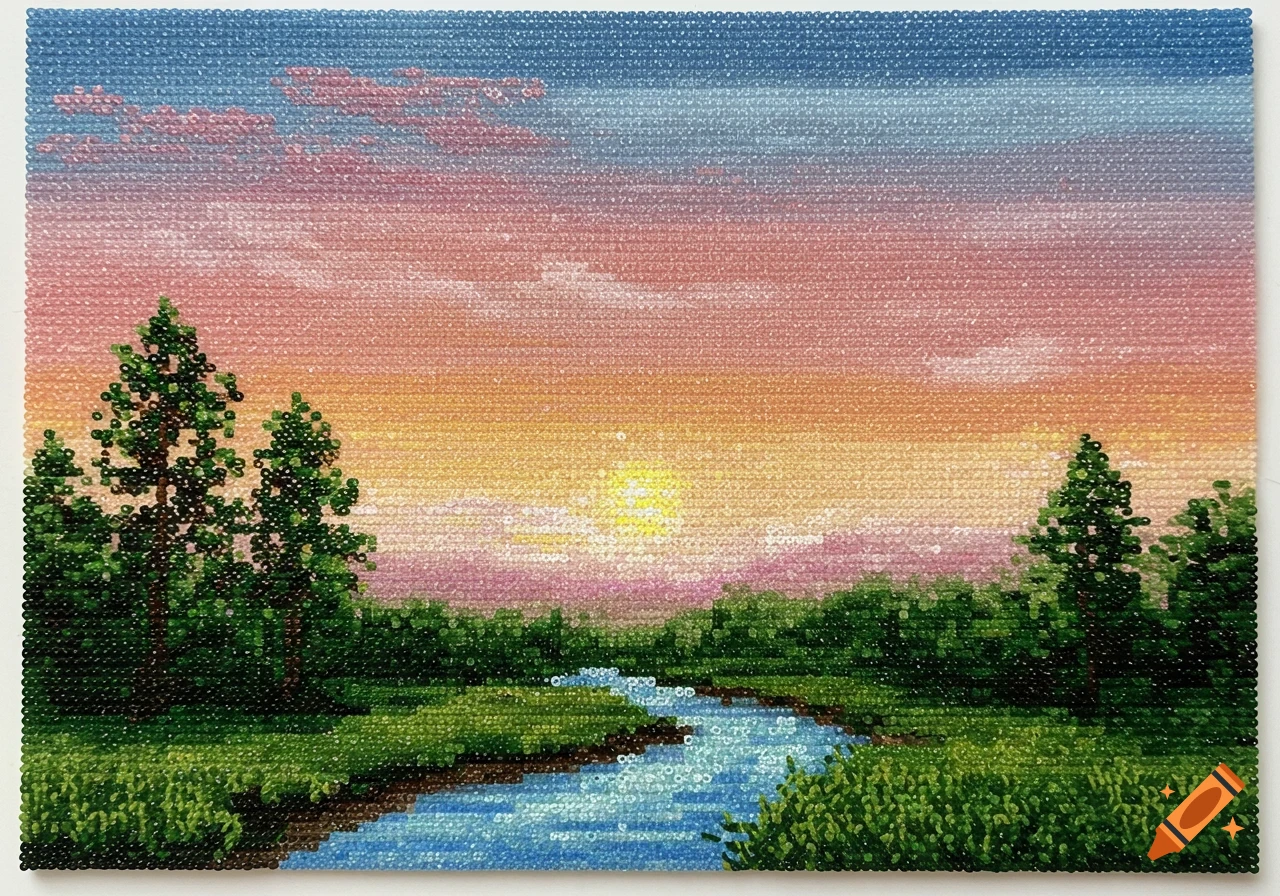 Bead art landscape of a river flowing through trees at sunset.