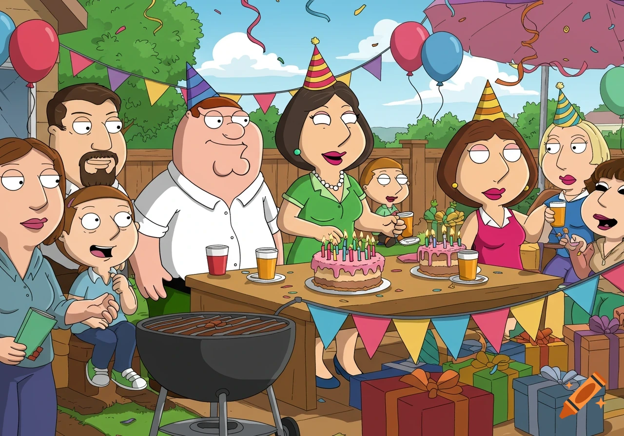 Cartoon family celebrates birthday party in backyard with cake, balloons, and gifts.
