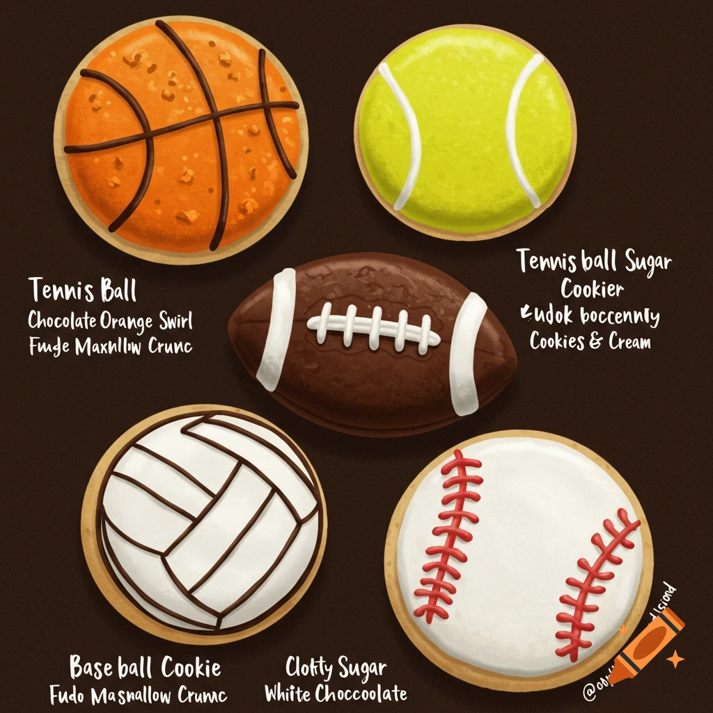Cookies shaped like a basketball, tennis ball, football, volleyball, and baseball on a dark background.