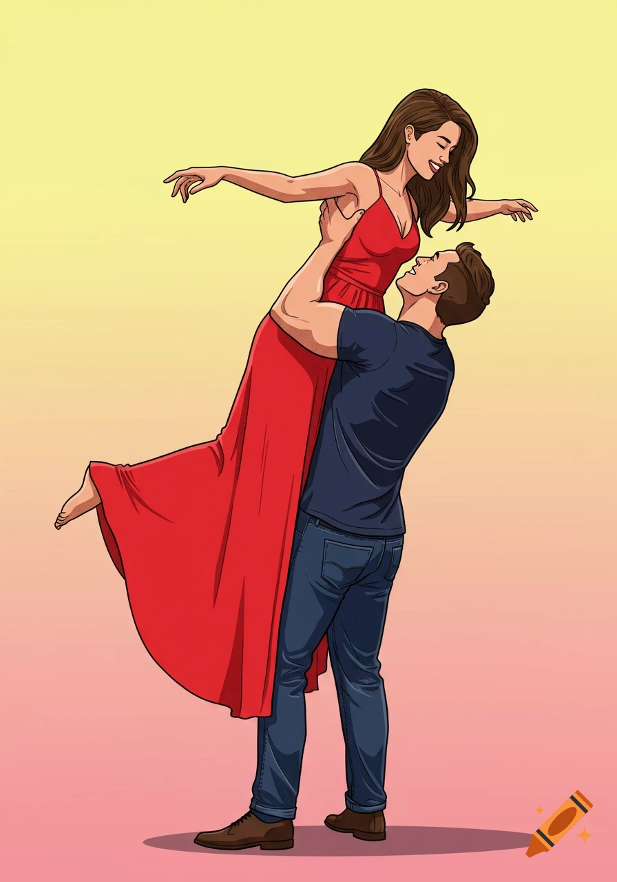 Stylized illustration of a man lifting a woman in a red dress, mid-dance.