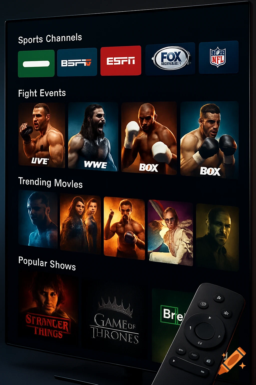 Streaming platform user interface on a TV screen, showing categories like Sports Channels, Fight Events, Trending Movies, and Popular Shows with various logos, character images, and a remote control.