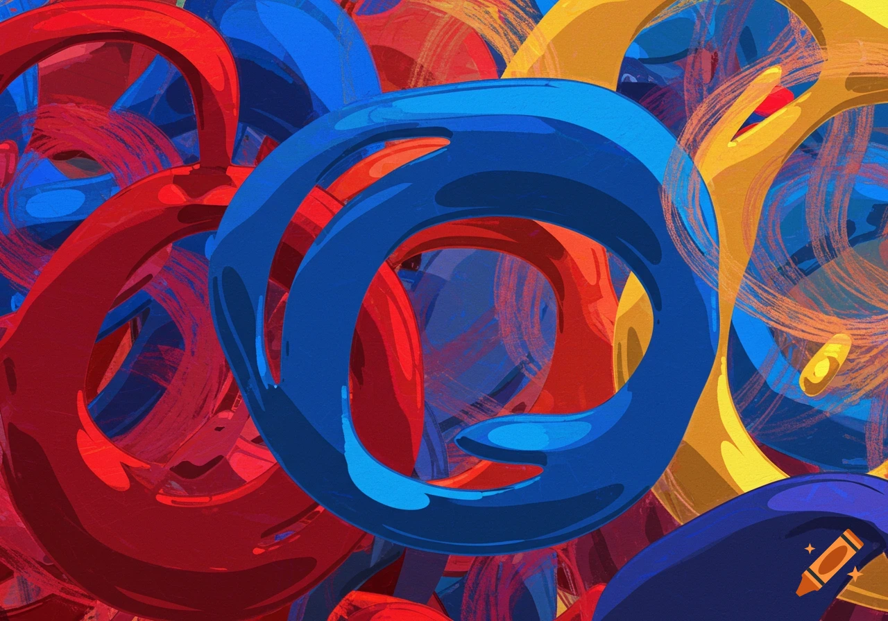 Abstract flowing shapes in blue, red, and yellow with a textured background.