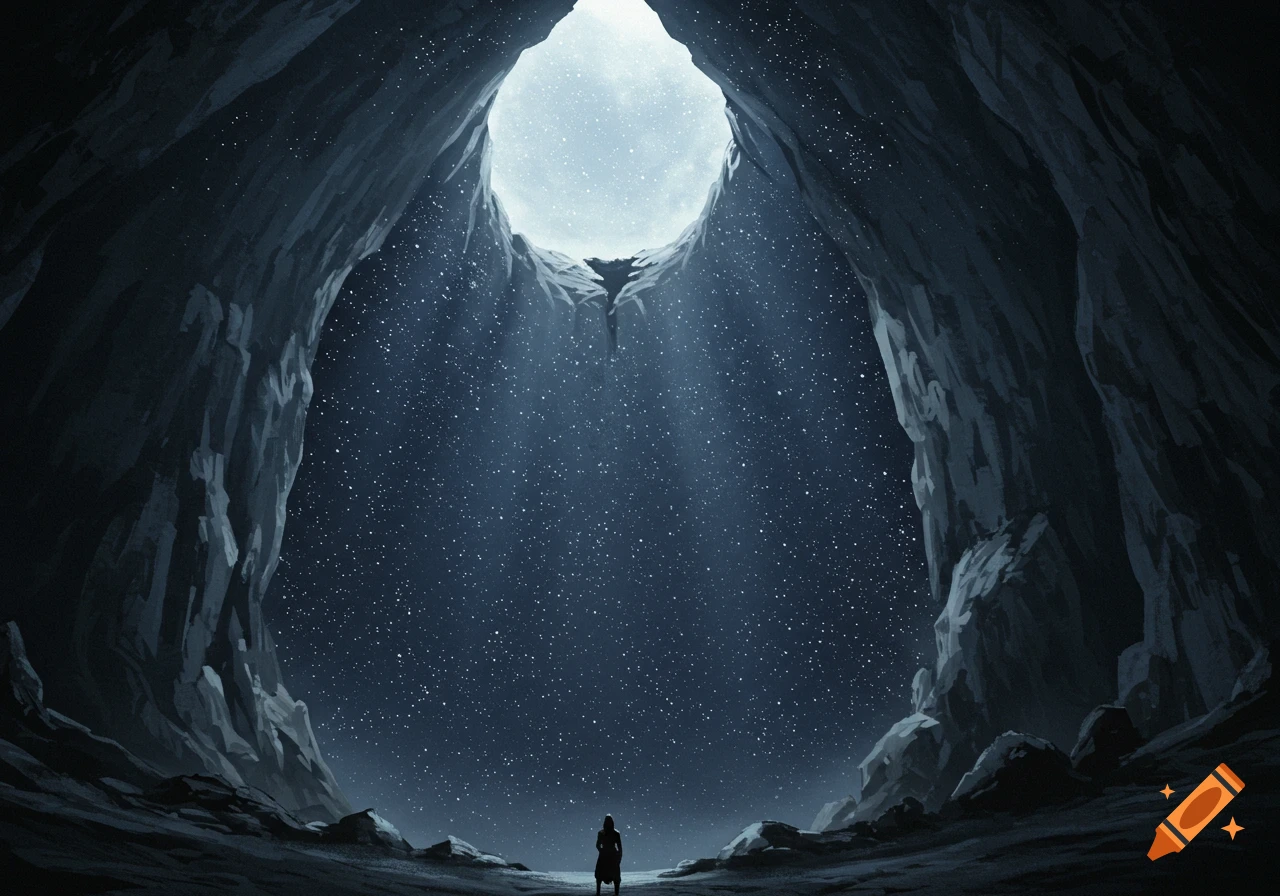 Silhouetted person stands in a dark cave looking up at a starry sky visible through a large opening.