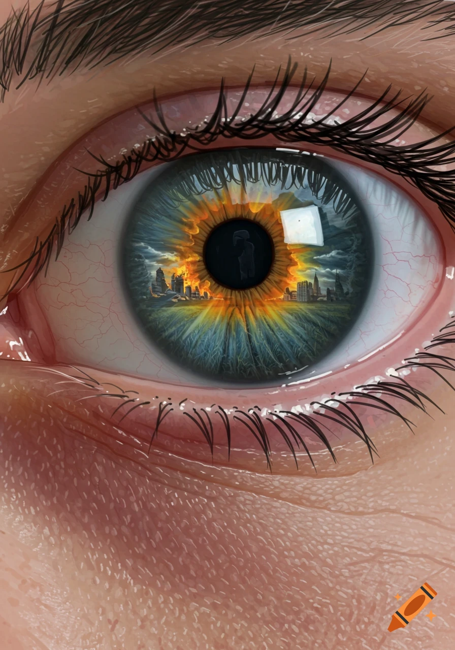 Close-up of an eye reflecting a destroyed city with fire and storm clouds in the iris.