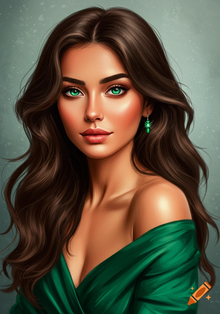 Portrait of a woman with long brown hair, green eyes, and a green dress ...