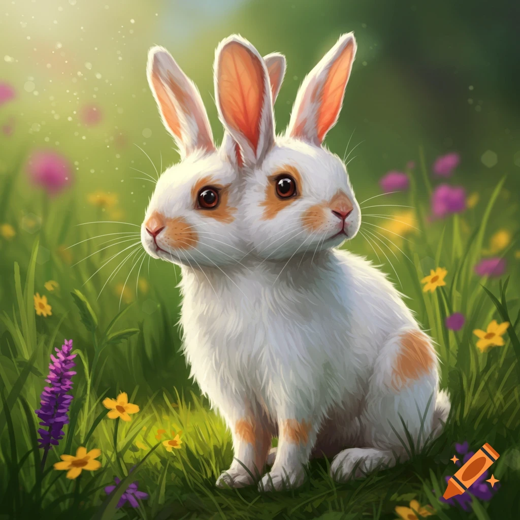 A two-headed rabbit sits among wildflowers in a field.