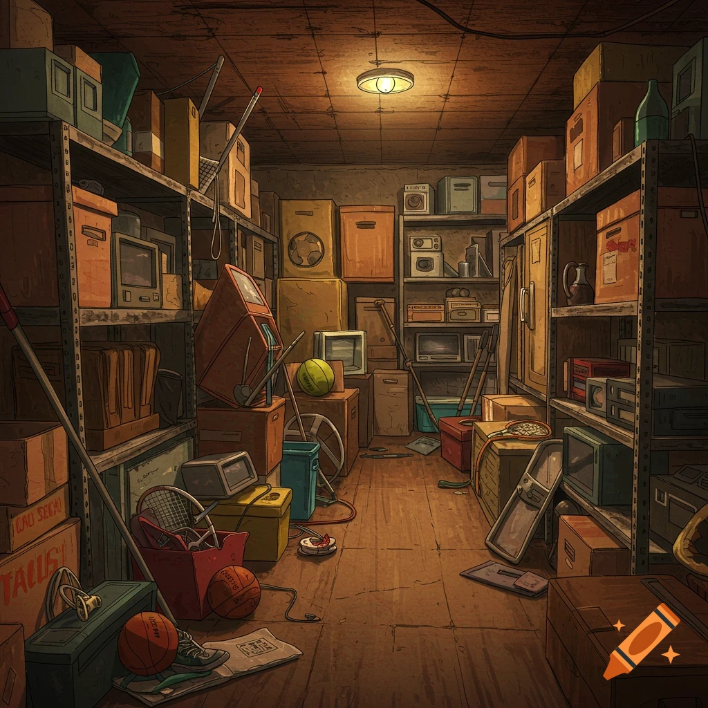 A cluttered storage room filled with shelves of boxes, old electronics, and miscellaneous items, in an illustrative style.