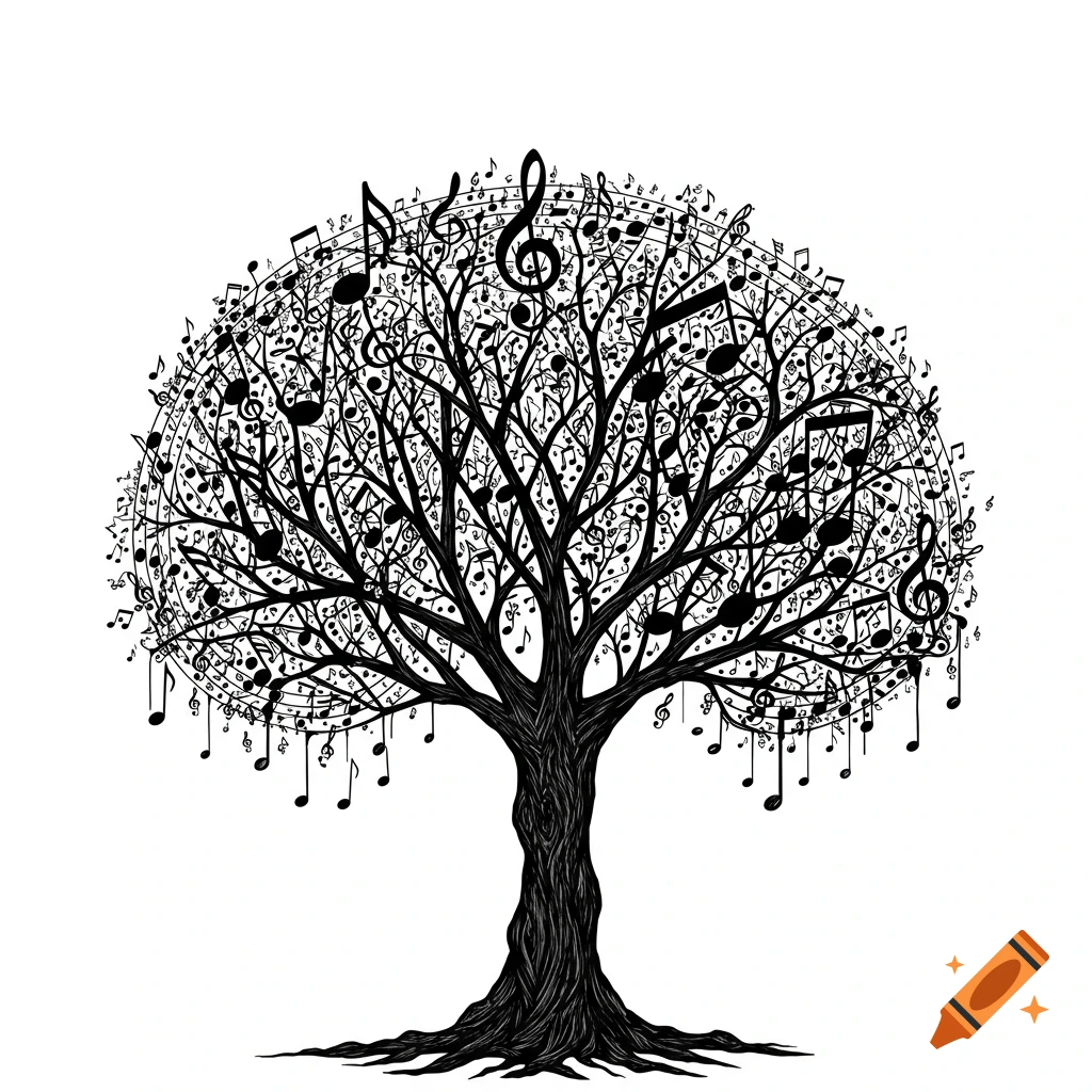 Black and white drawing of a tree formed by musical notes and symbols.