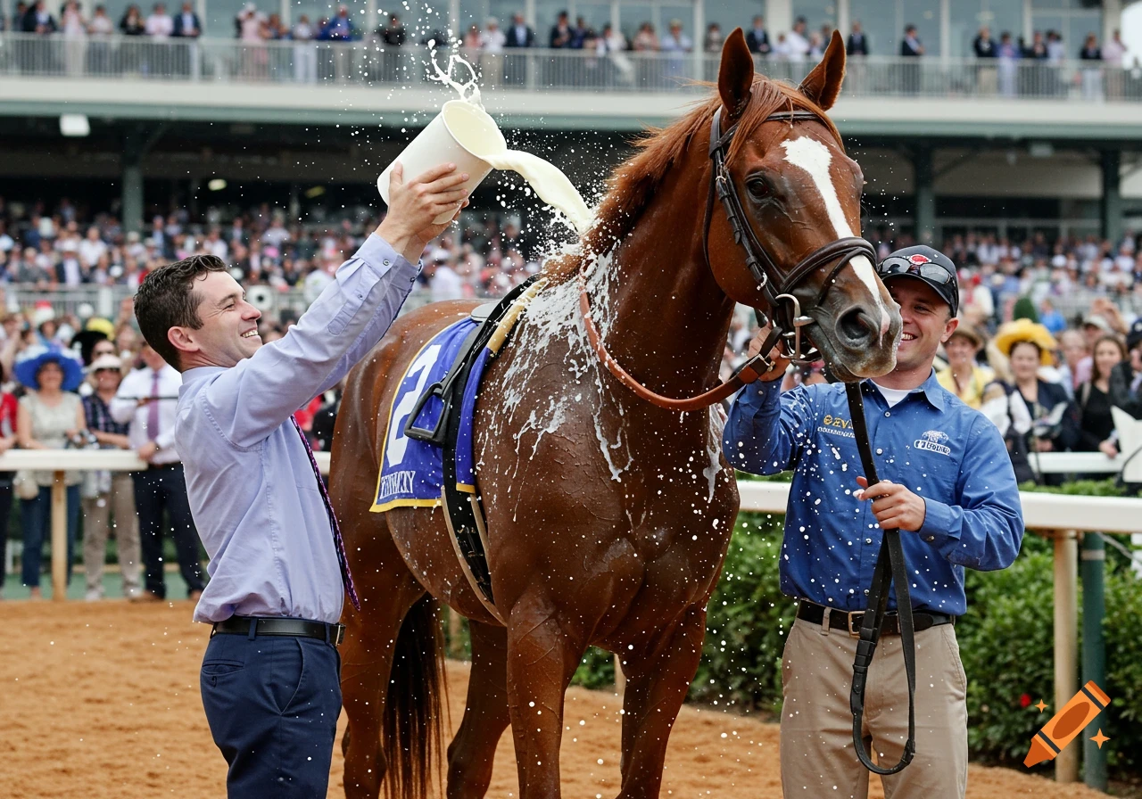 A man pours milk from a cup onto a brown racehorse in the winner's circle at a racetrack, with spectators in the background.