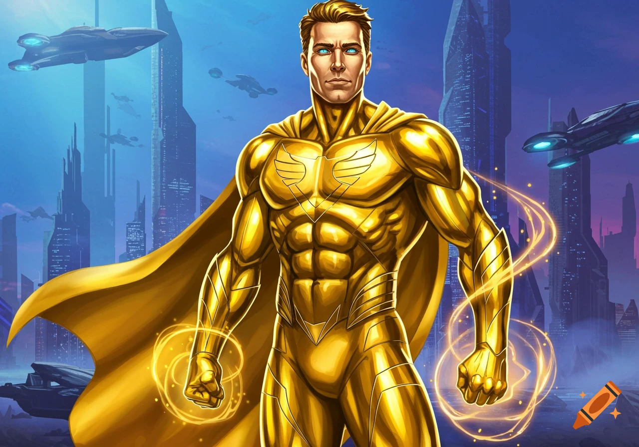 A superhero in a gold suit and cape stands in a futuristic city.