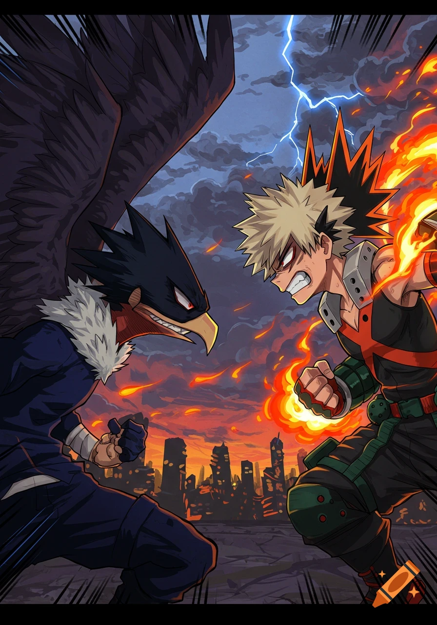 Anime illustration of Tokoyami and Bakugo in a confrontation pose, set against a sunset city skyline with lightning.