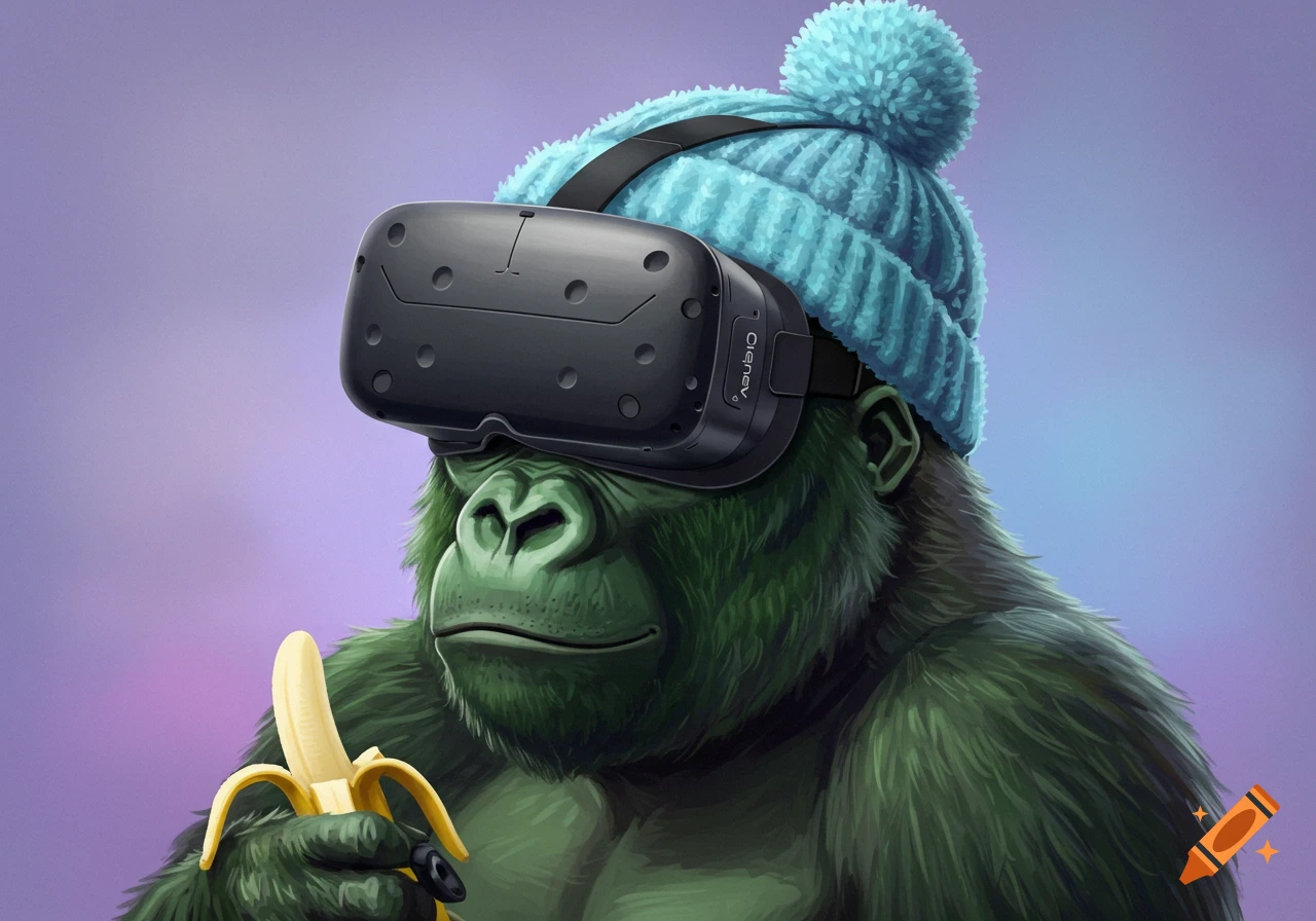 A dark green gorilla wearing a blue pom-pom hat and VR headset holds a banana.