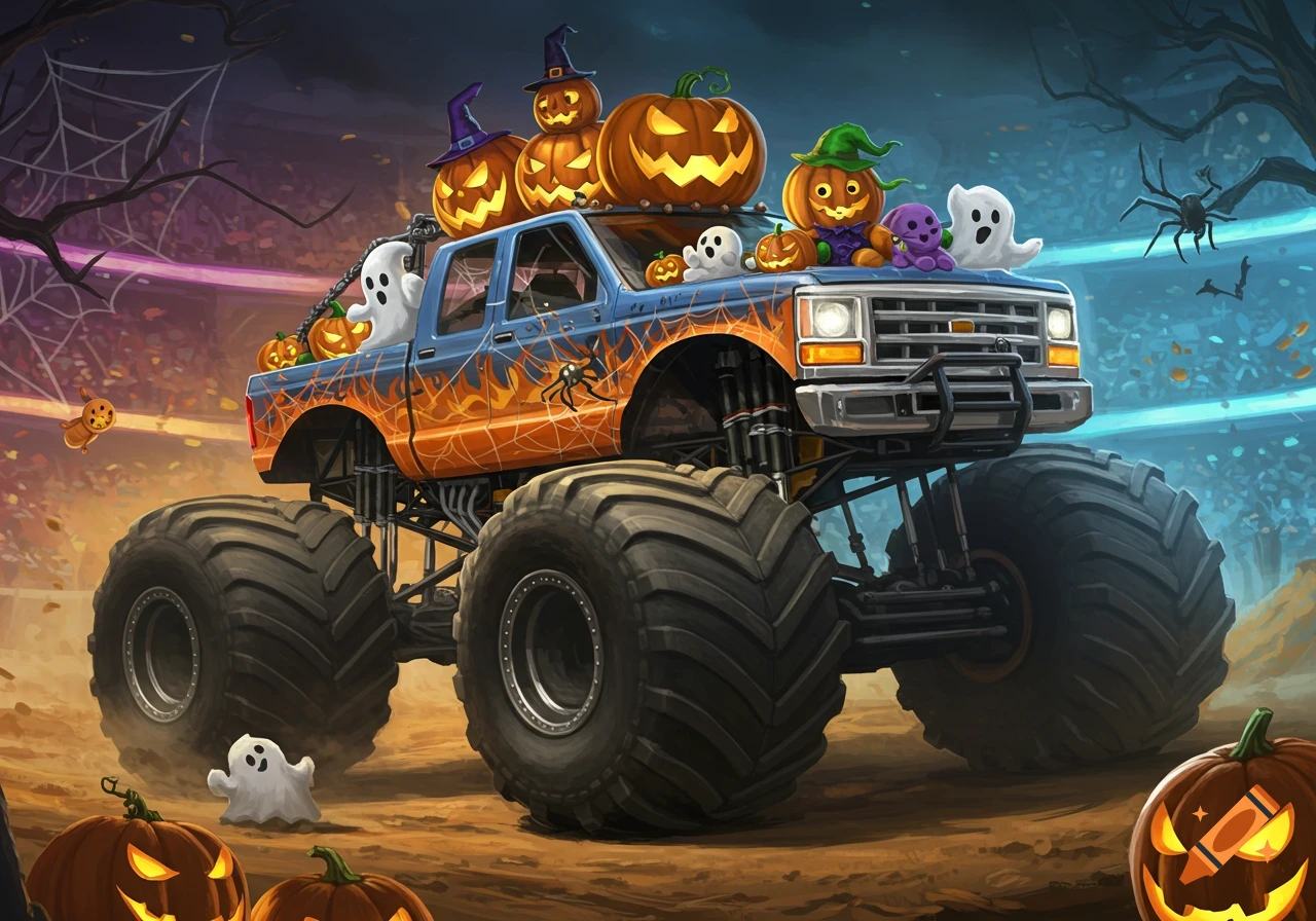 A monster truck decorated for Halloween with pumpkins and ghosts.