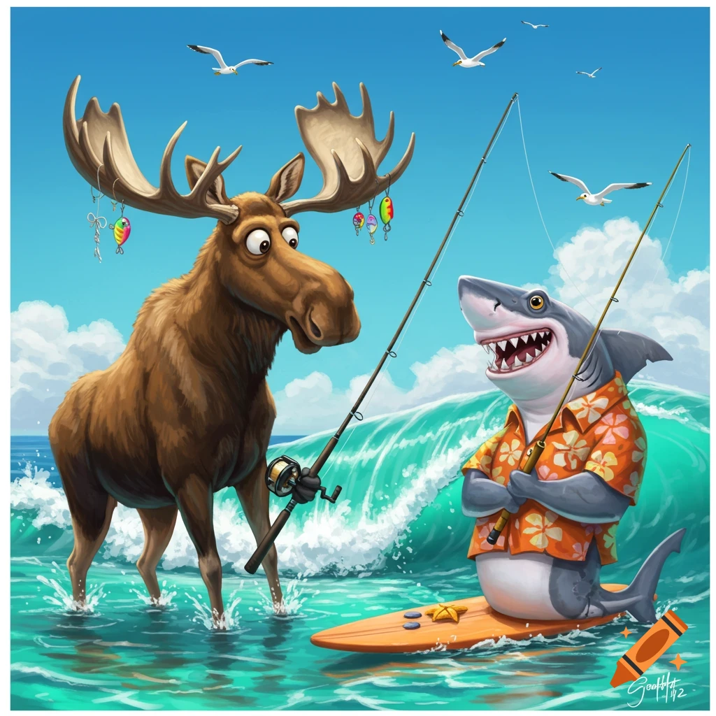 Cartoon of a moose standing in water and a shark surfing while both fish in the ocean.