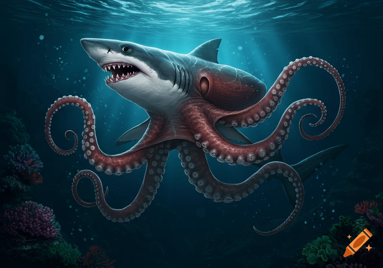 A realistic illustration of a shark-octopus creature swimming in the ocean near coral.