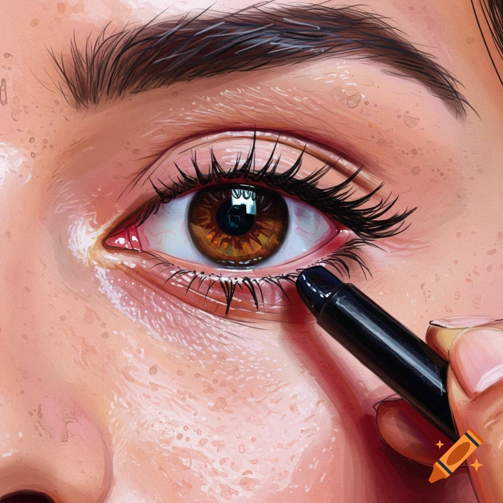 Close up illustration of kohl eyeliner being applied to an eye.