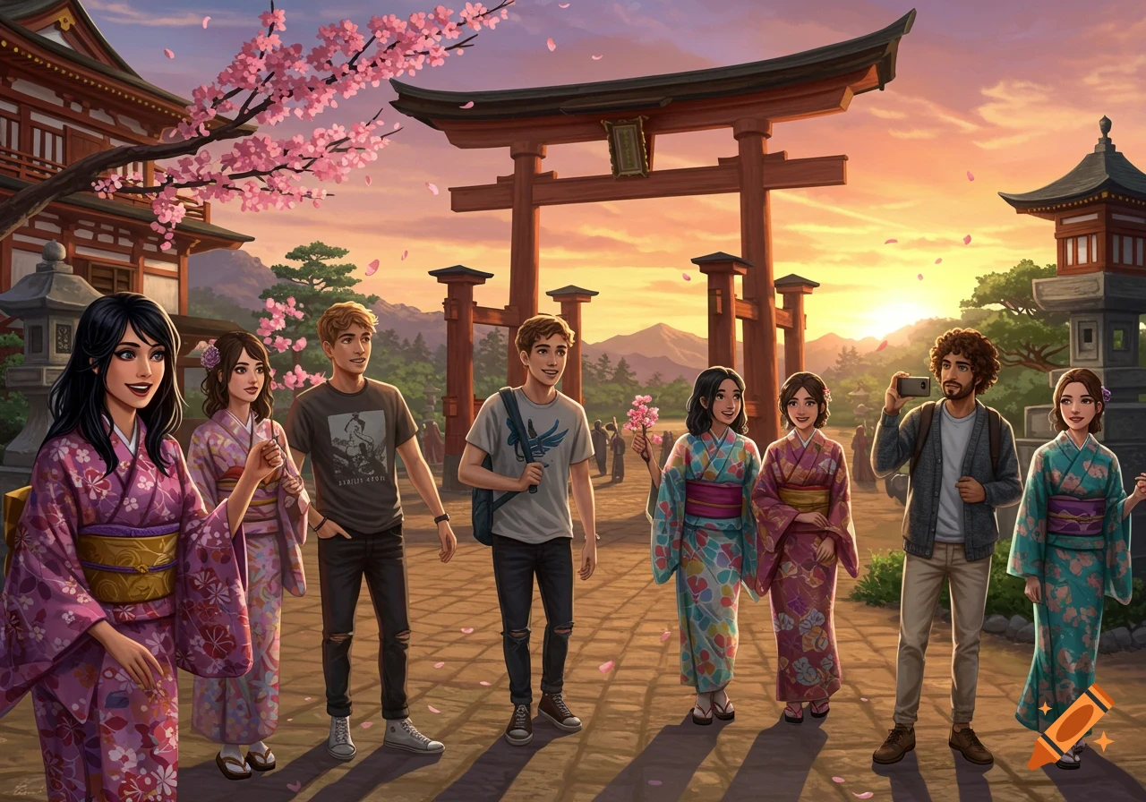 Group of friends on a trip to Japan, some wearing kimonos, standing near a torii gate with cherry blossoms at sunset in a stylized illustration.