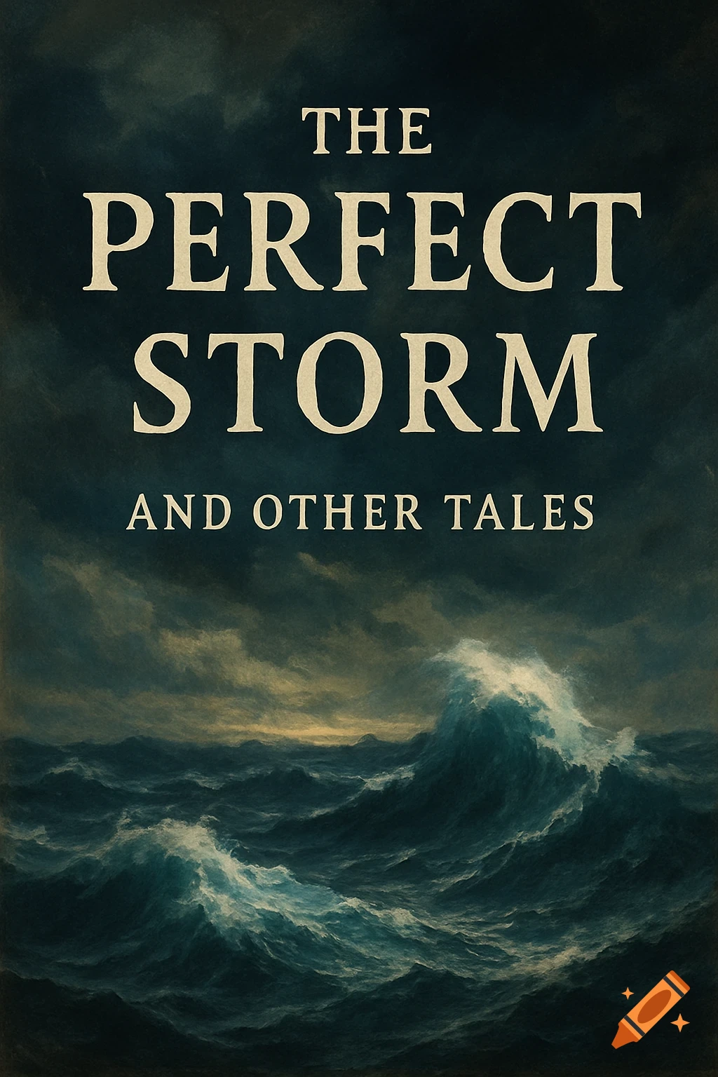 Painting of a stormy sea with large waves and text reading 'The Perfect Storm and Other Tales'