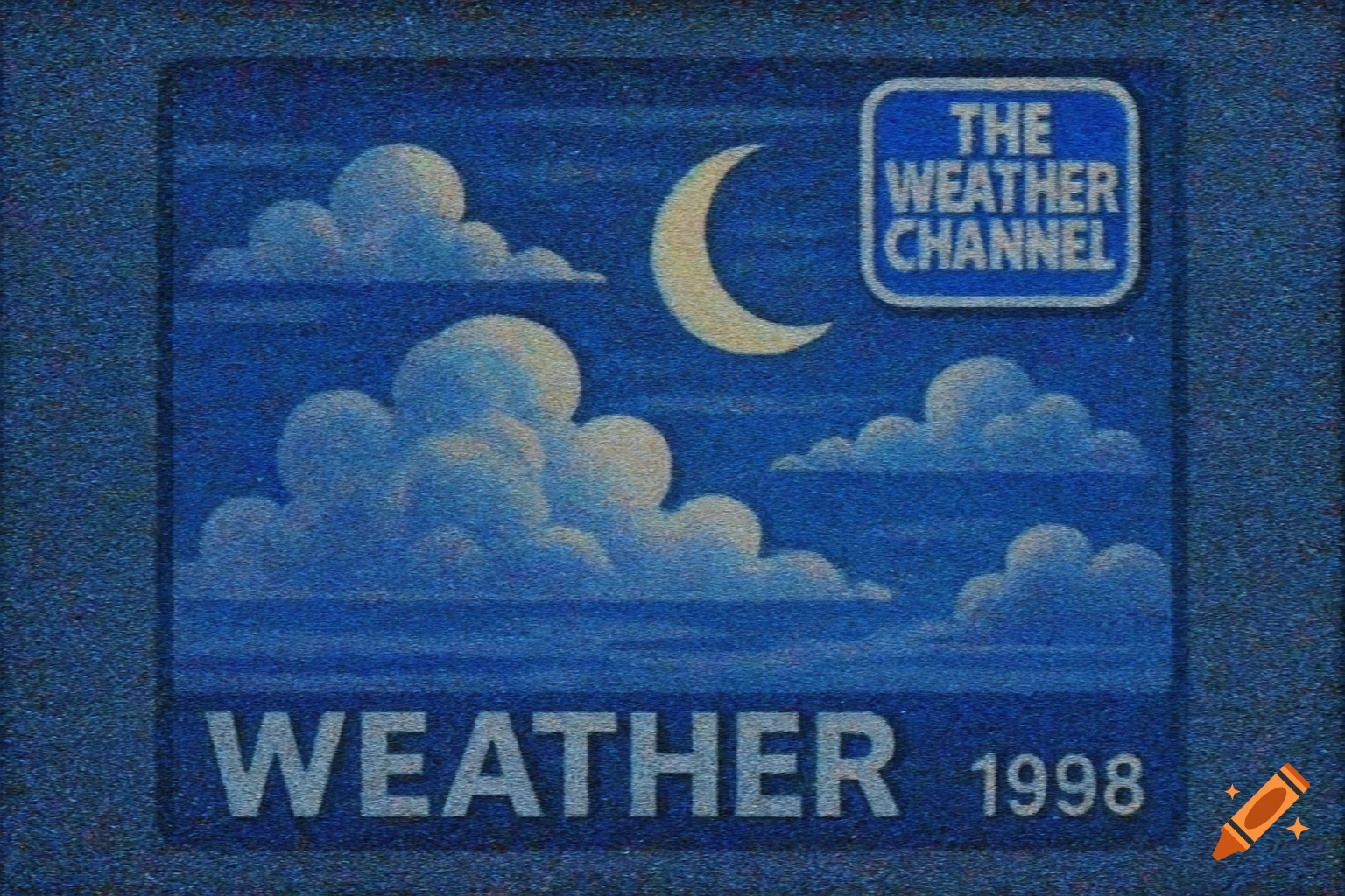 Grainy, vintage TV screen showing clouds, a crescent moon, and text for "The Weather Channel" and "WEATHER 1998" on a blue background.