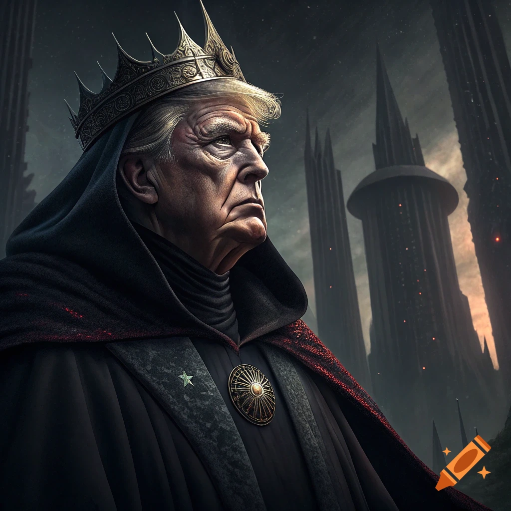 A person resembling Donald Trump wears a dark hooded robe and elaborate crown, looking stern in a dark, futuristic city landscape.