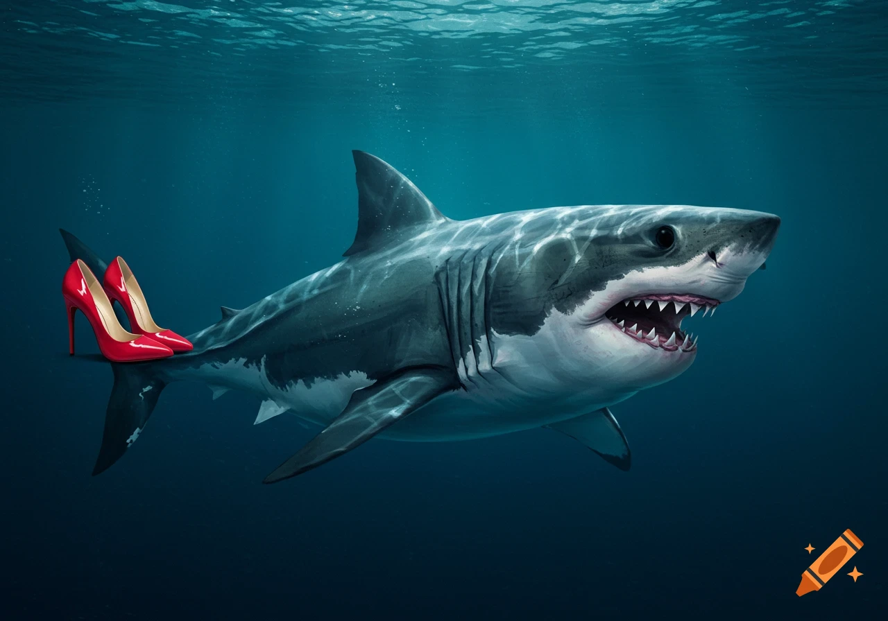 A shark swimming underwater with red high-heeled shoes on its tail fin.